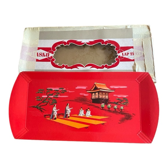 Set of 4 1950s lap trays, Red with Asian scene - Picture 2 of 10